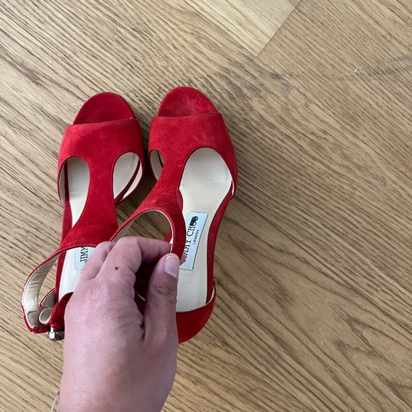 Gently used Jimmy Choo Red Suede T strap heels - Picture 3 of 15